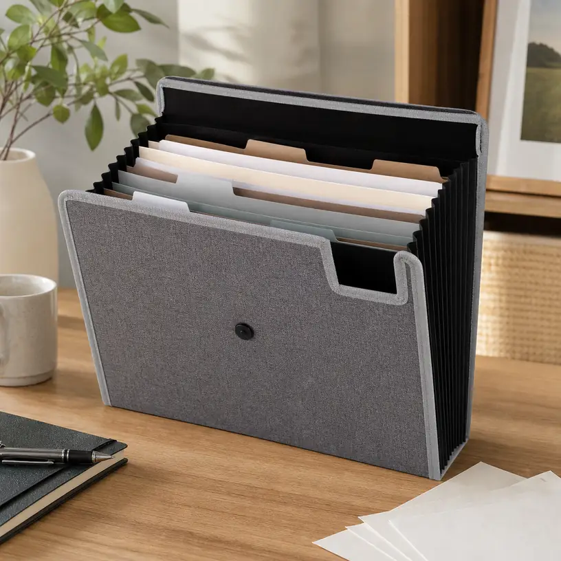 Illustrative image of a generic accordion file organizer on a home-office desk