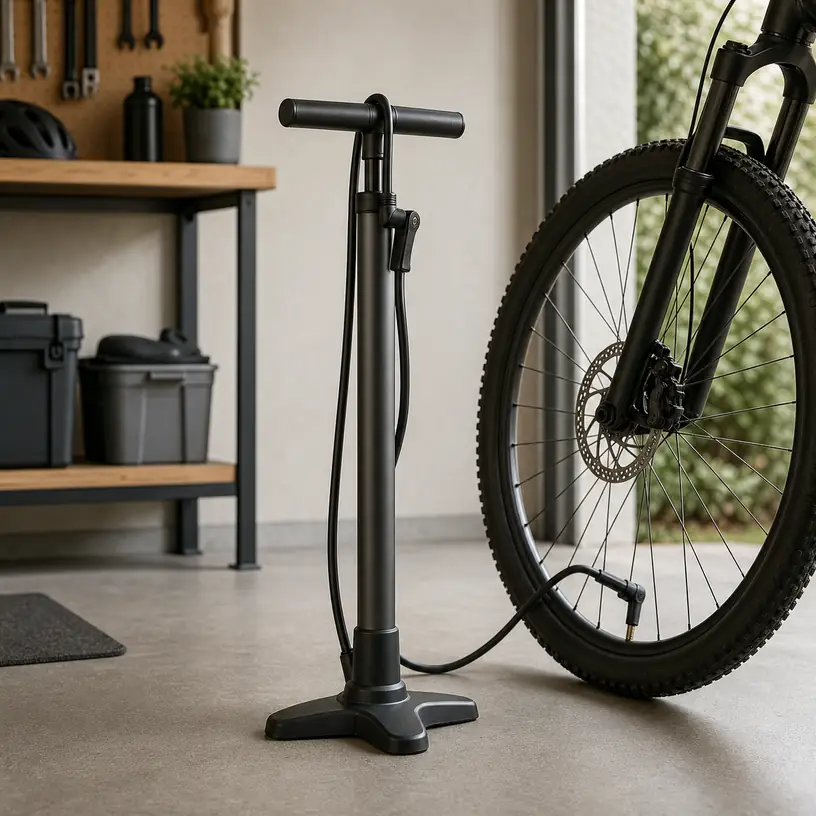 Illustrative image of a generic bike floor pump beside a bicycle wheel
