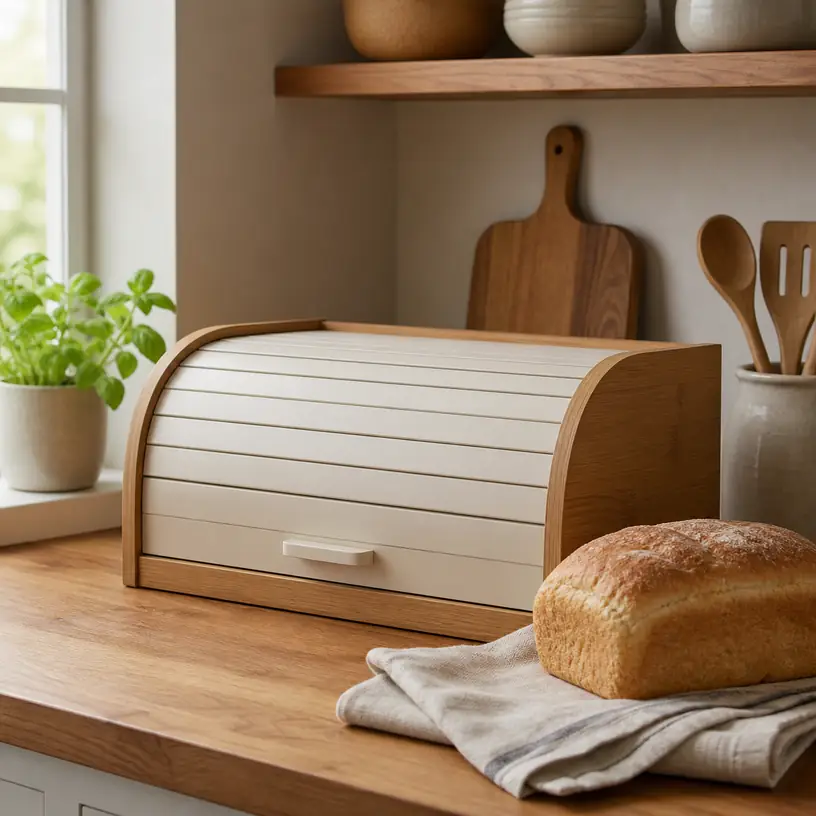 Illustrative image of a generic bread box on a kitchen counter