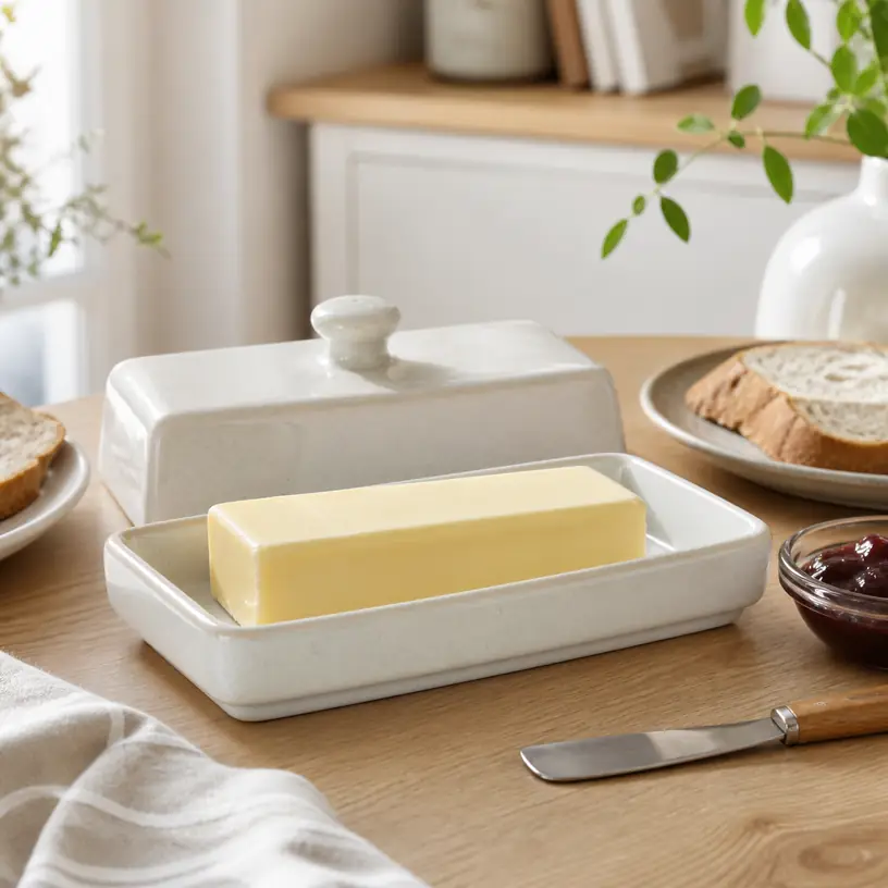 Illustrative image of a generic covered butter dish on a breakfast table