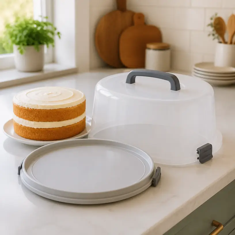 Illustrative image of a generic cake carrier with a handled dome lid on a kitchen counter