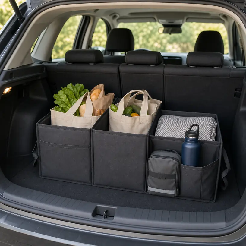 Illustrative image of a generic compartment organizer in an unbranded car cargo area