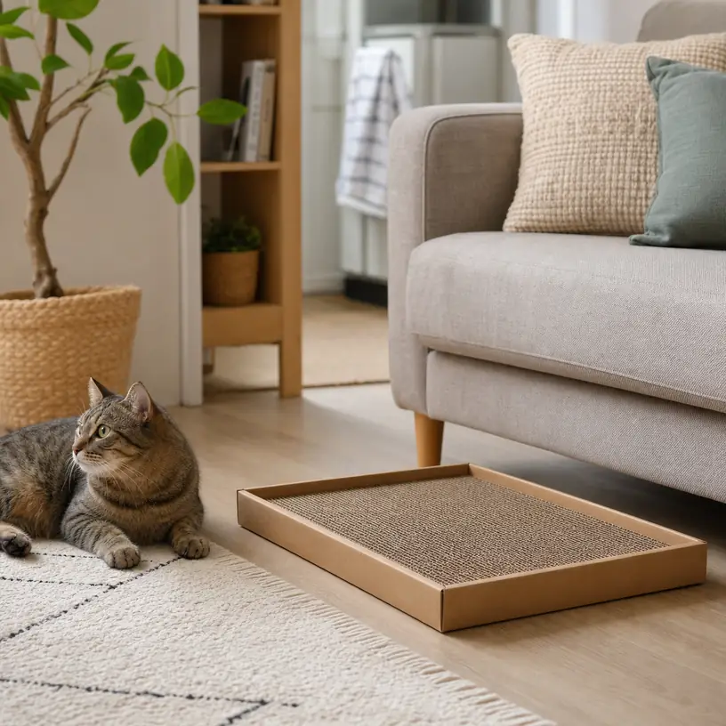 Illustrative image of a generic cardboard cat scratching pad beside a sofa in a compact living room