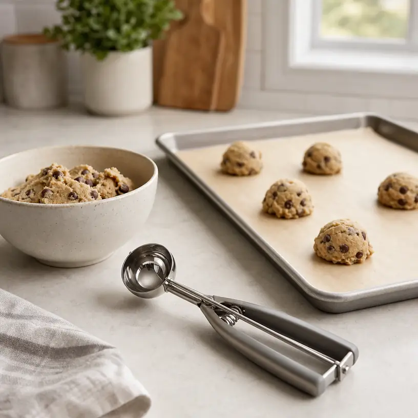Illustrative image of a generic cookie scoop beside portioned dough on a baking counter