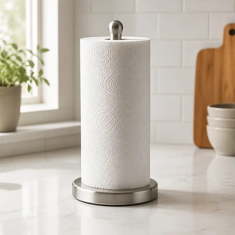 Illustrative image of a generic countertop paper towel holder in a kitchen