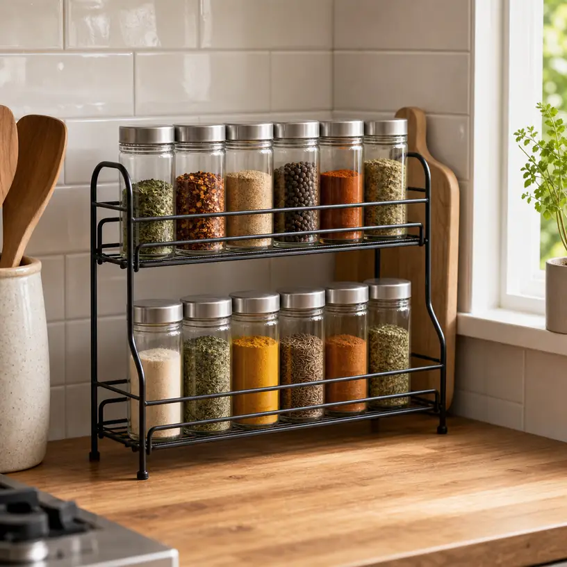 Illustrative image of a generic countertop spice rack in a kitchen