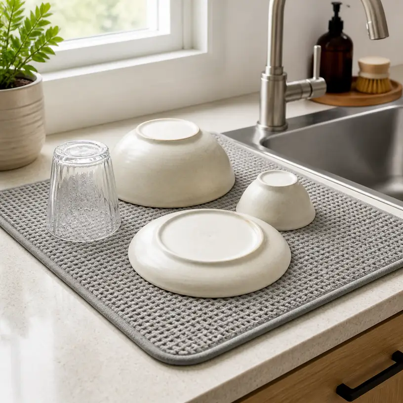 Illustrative image of a generic dish drying mat with plain dishes beside a kitchen sink