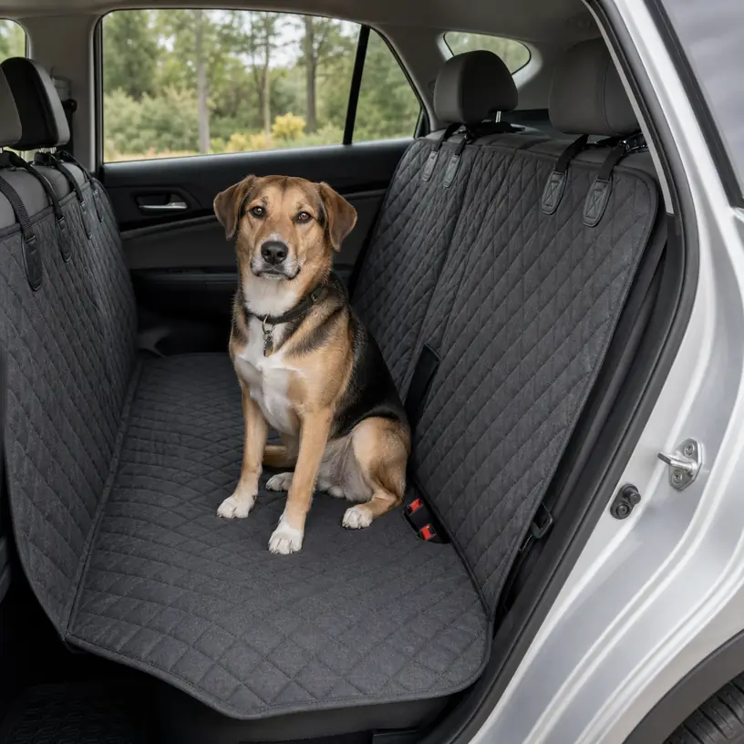 Illustrative image of a dog sitting on a generic rear-seat car cover