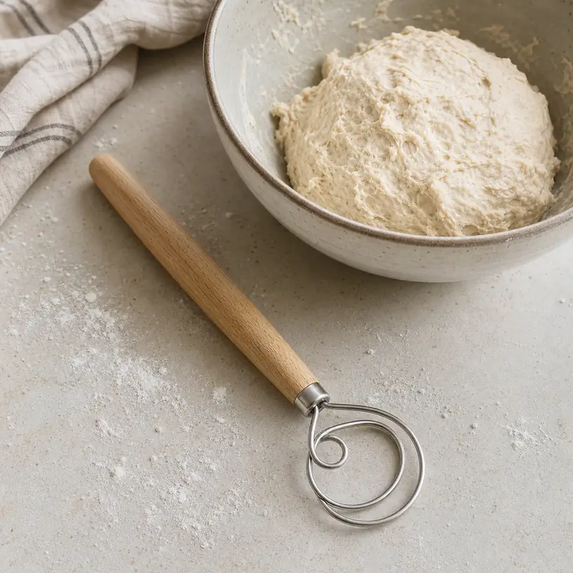 Illustrative image of a generic looped dough whisk beside a bowl of bread dough