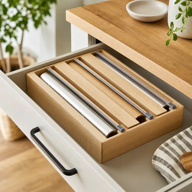 Illustrative image of a generic wooden foil and plastic wrap organizer in an open kitchen drawer