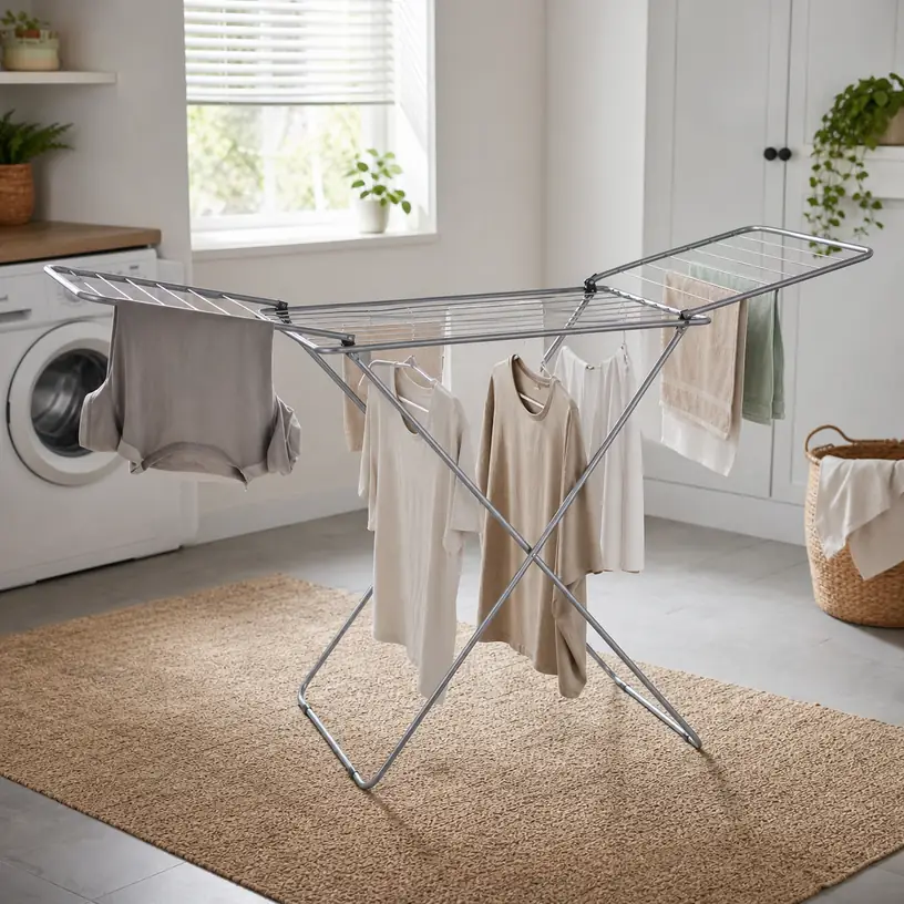 Illustrative image of a generic foldable laundry drying rack in a bright laundry room