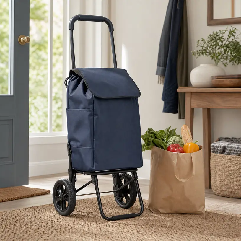Illustrative image of a generic folding shopping cart with a fabric grocery bag