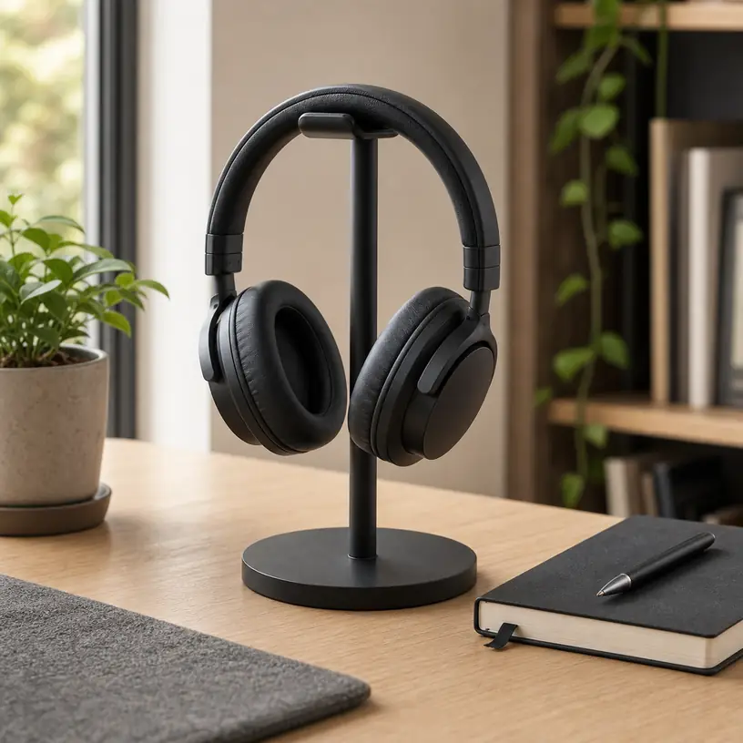 Illustrative image of generic over-ear headphones resting on a freestanding desk stand