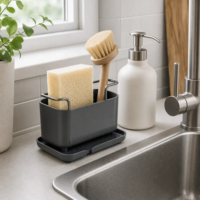 Illustrative image of a generic kitchen sink caddy holding a sponge and dish brush