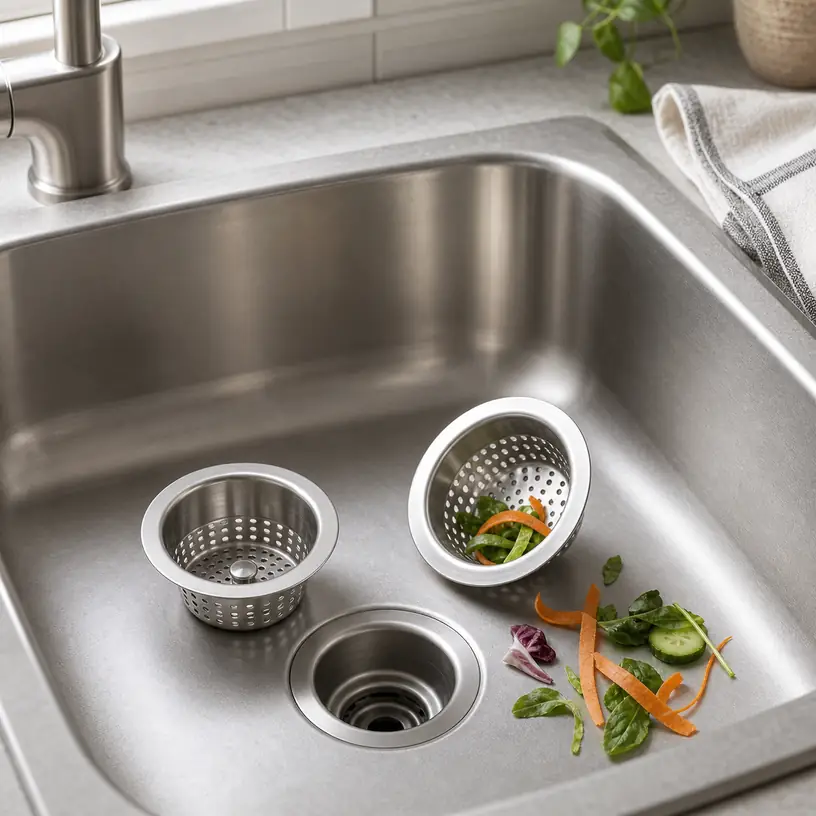 Illustrative image of generic removable drain strainer baskets beside a kitchen sink