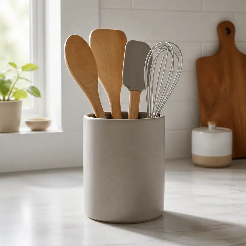 Illustrative image of a generic kitchen utensil holder with wooden spoons, a spatula, and a whisk on a countertop
