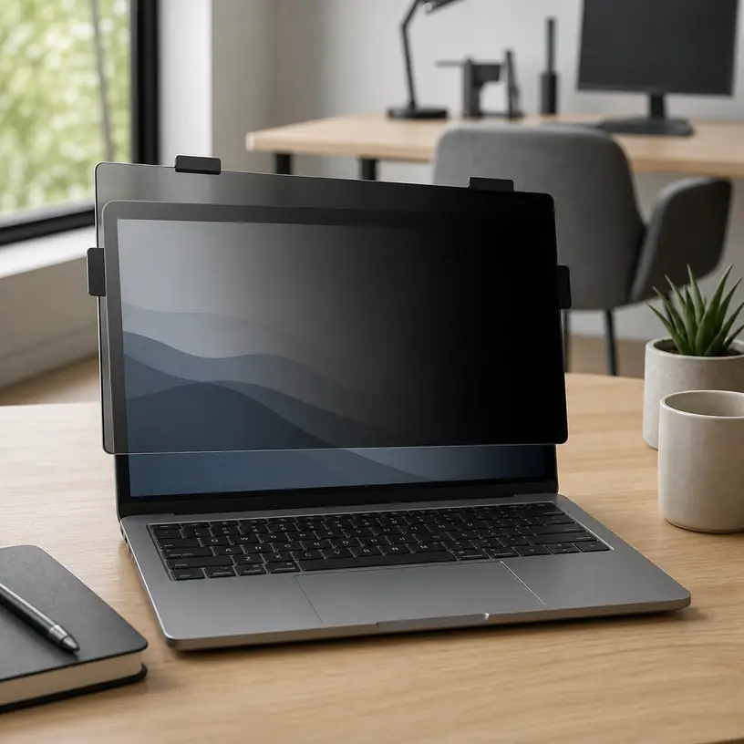 Illustrative image of a generic laptop and a removable privacy screen filter in a shared workspace