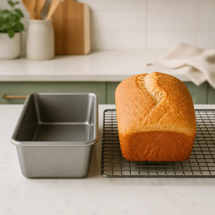 Illustrative image of a generic loaf pan and a plain baked loaf on a kitchen counter