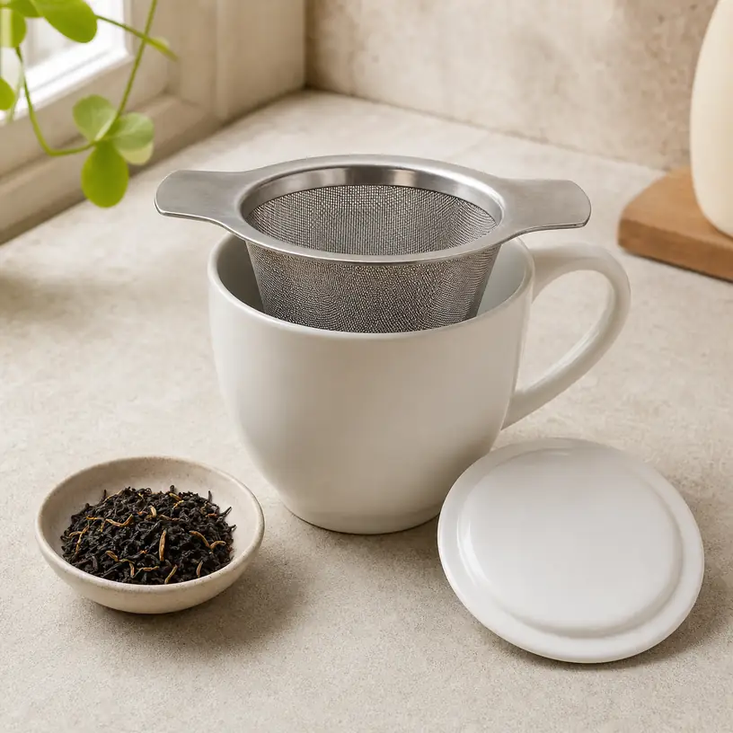 Illustrative image of a generic basket-style loose-leaf tea infuser resting across a ceramic mug