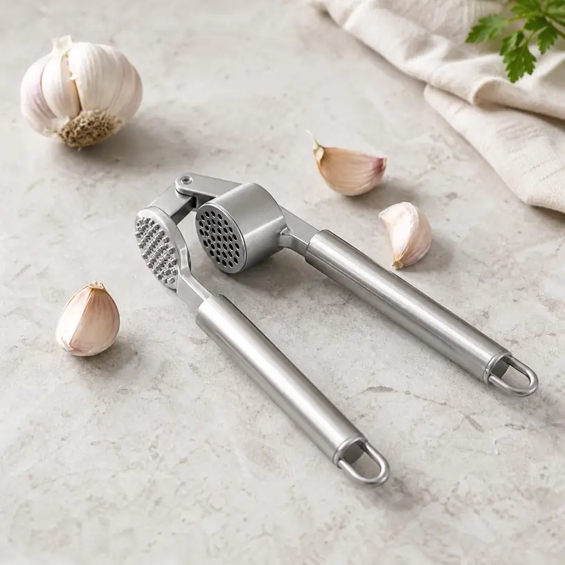 Illustrative image of a generic manual garlic press with garlic cloves on a kitchen counter