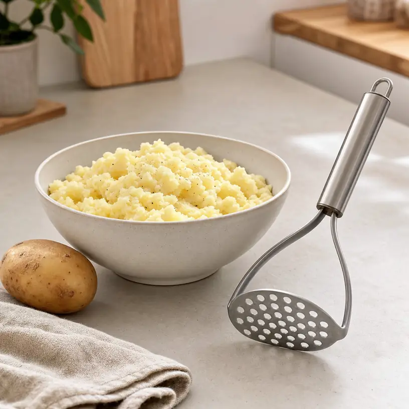 Illustrative image of a generic manual potato masher beside a bowl of roughly mashed potatoes