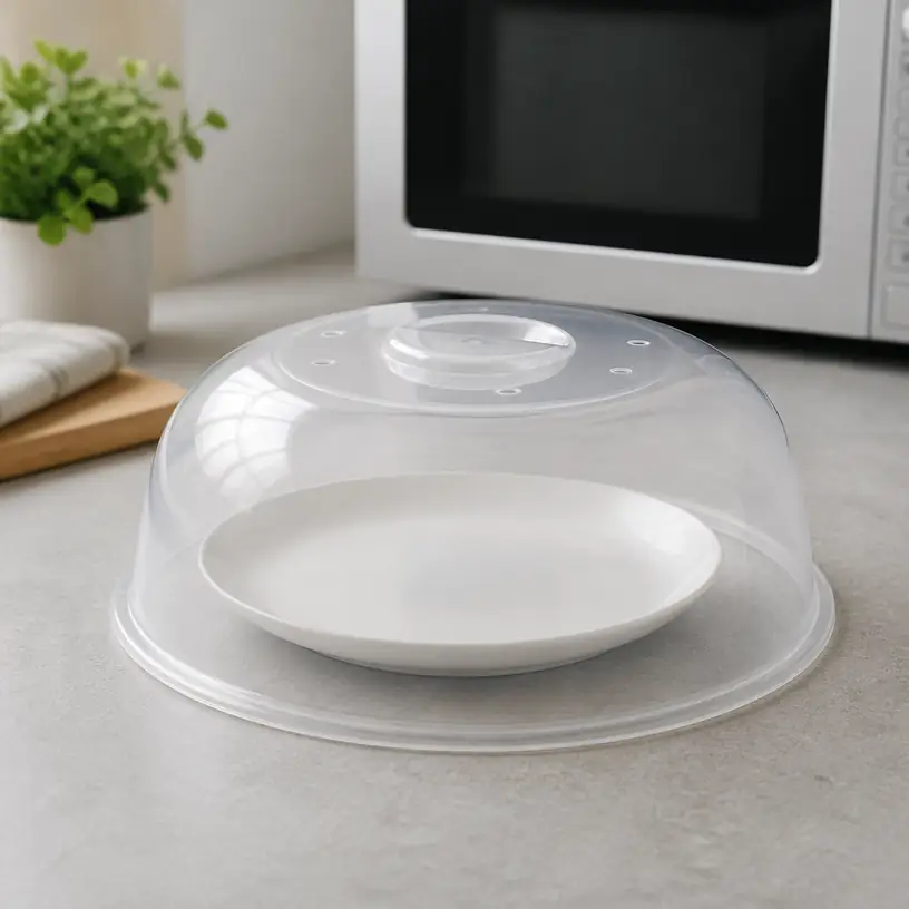 Illustrative image of a generic vented microwave splatter cover over a dinner plate