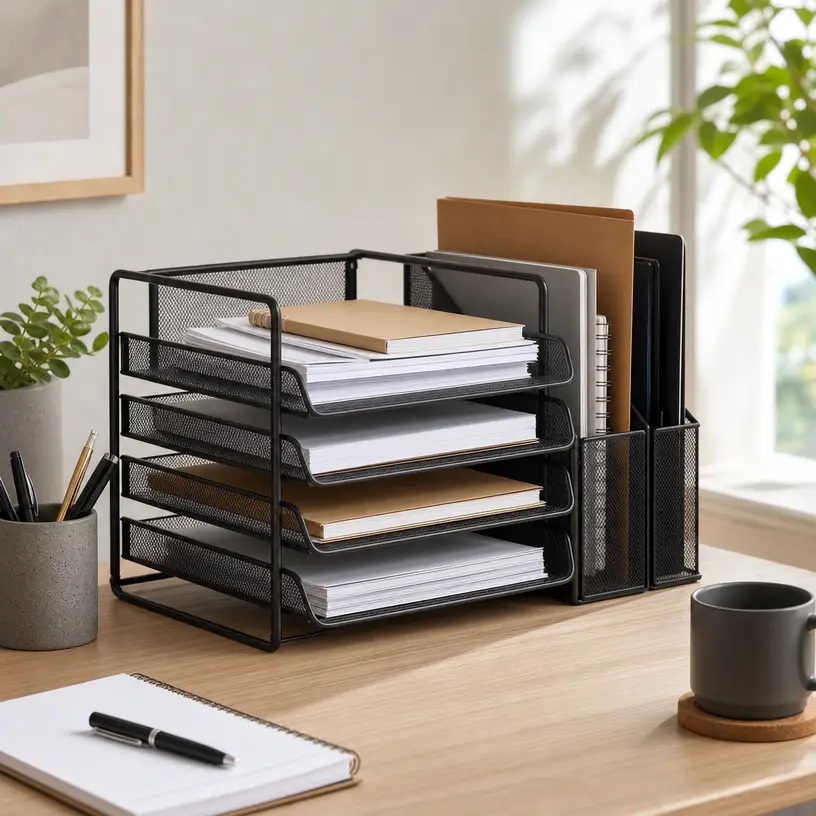 Illustrative desktop paper organizer image for a buying guide