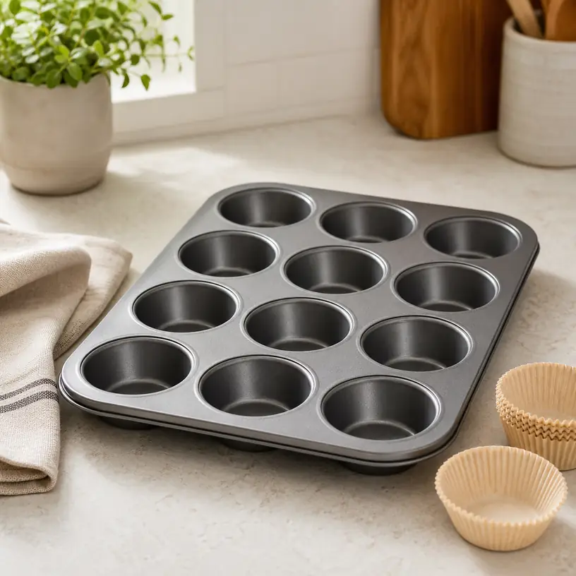 Illustrative image of a generic muffin pan in a home kitchen