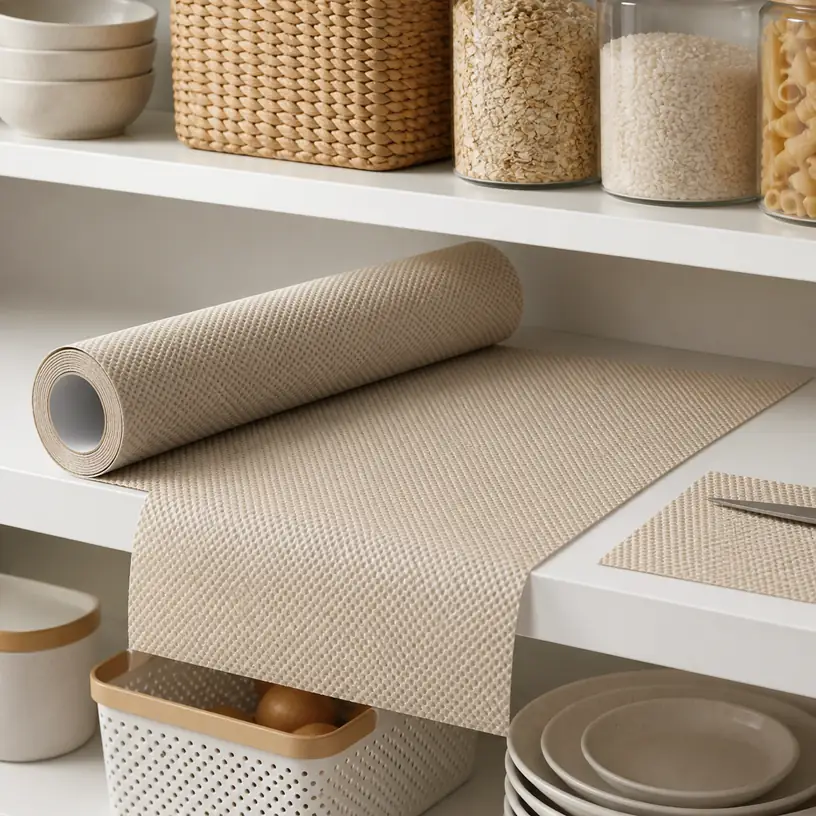 Illustrative image of a generic non-adhesive shelf liner on pantry shelves