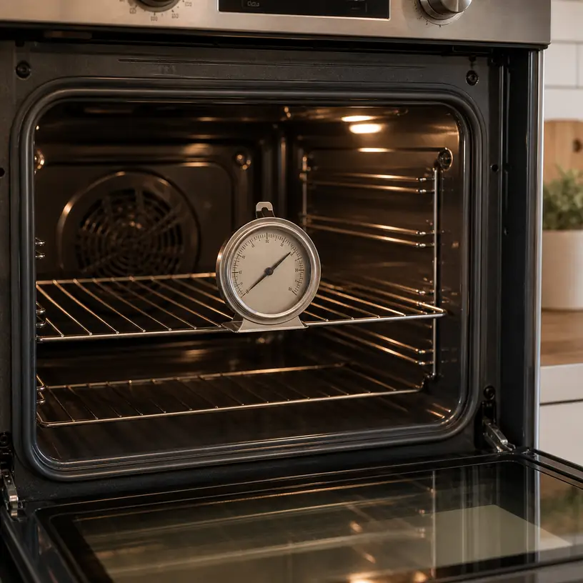 Illustrative image of a generic dial oven thermometer standing on an oven rack