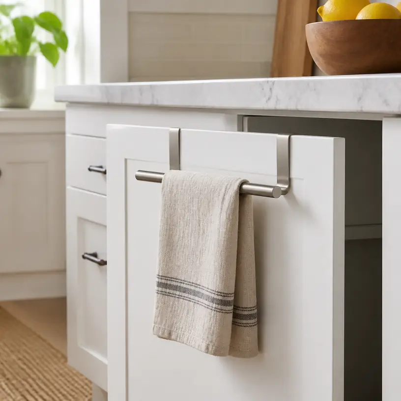 Illustrative image of a generic metal towel bar hanging over a white kitchen cabinet door