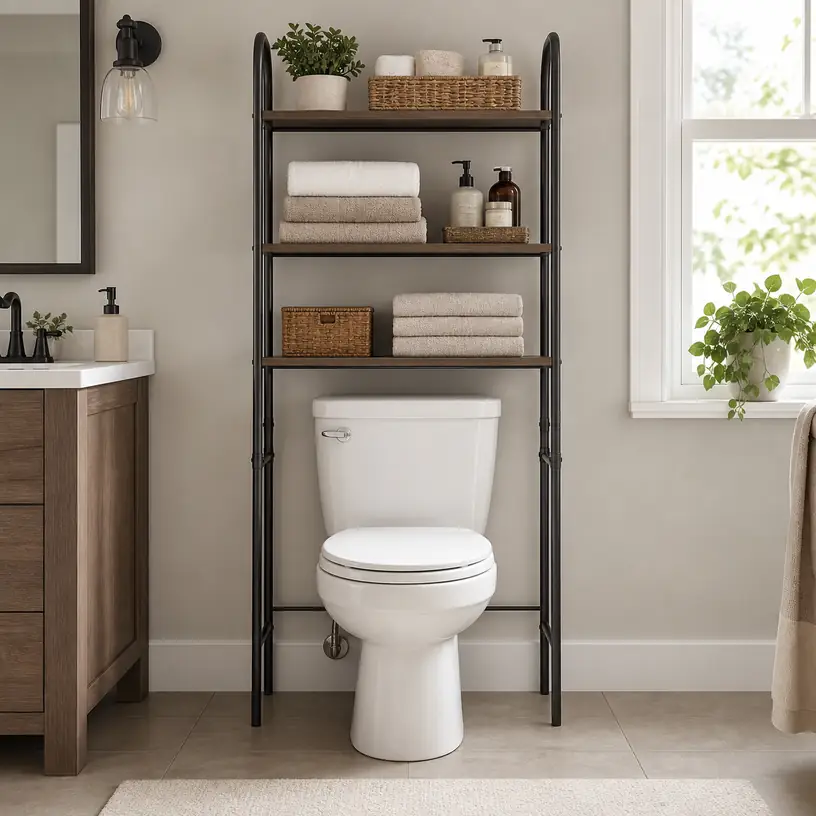 Illustrative image of a generic storage rack arranged above a toilet in a compact bathroom