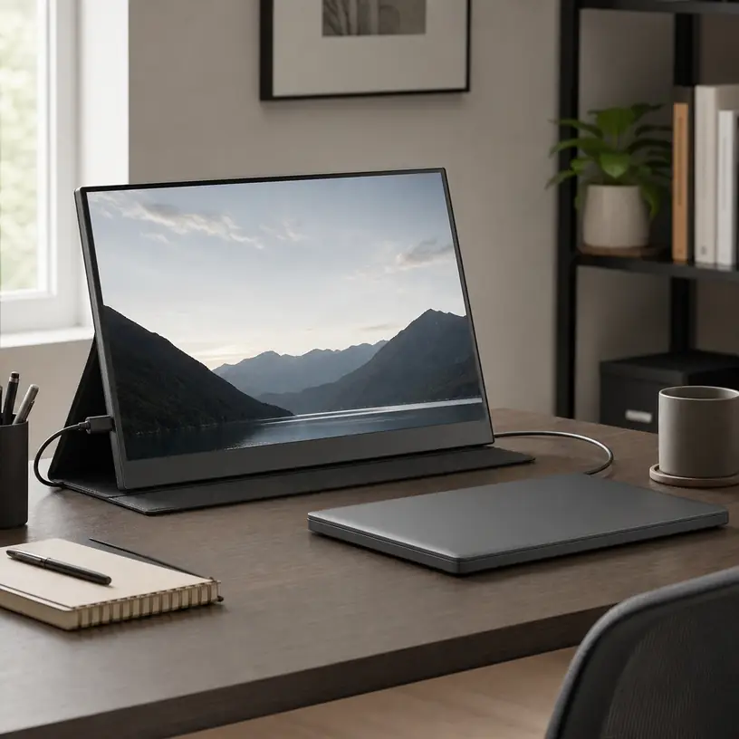 Illustrative image of a generic portable monitor and unbranded laptop on a compact desk