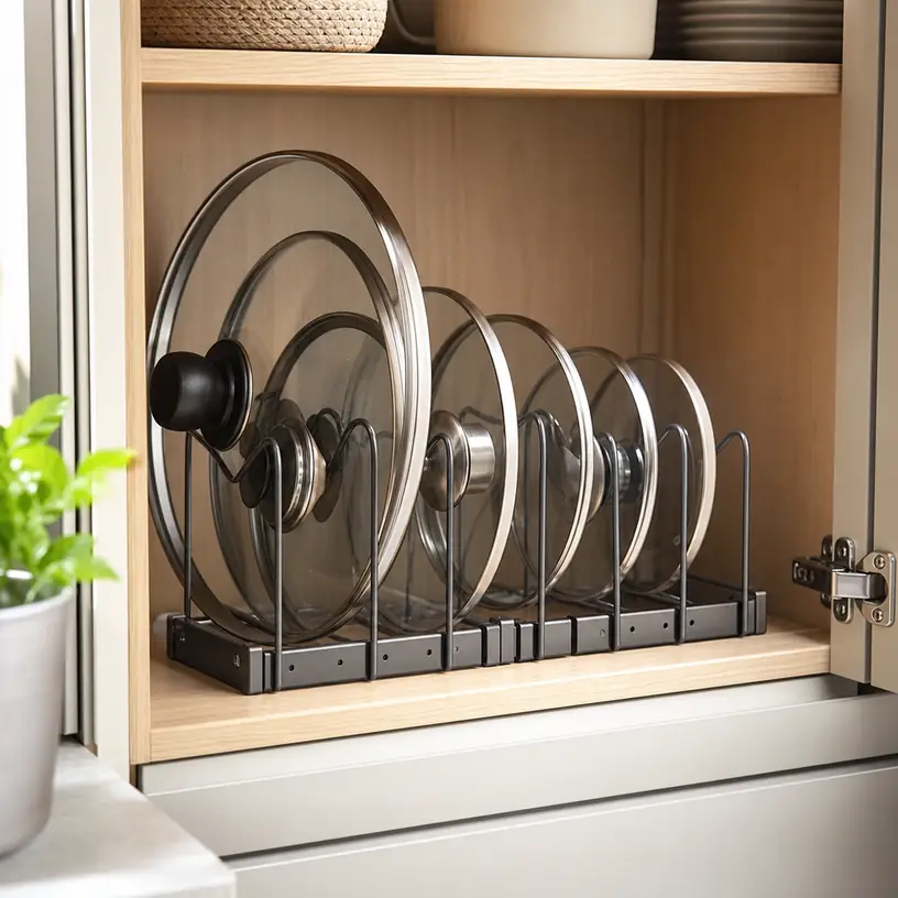 Illustrative image of a pot lid organizer inside a kitchen cabinet