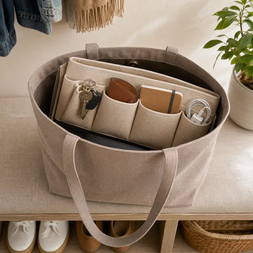 Illustrative image of a generic fabric organizer insert beside an unbranded tote bag