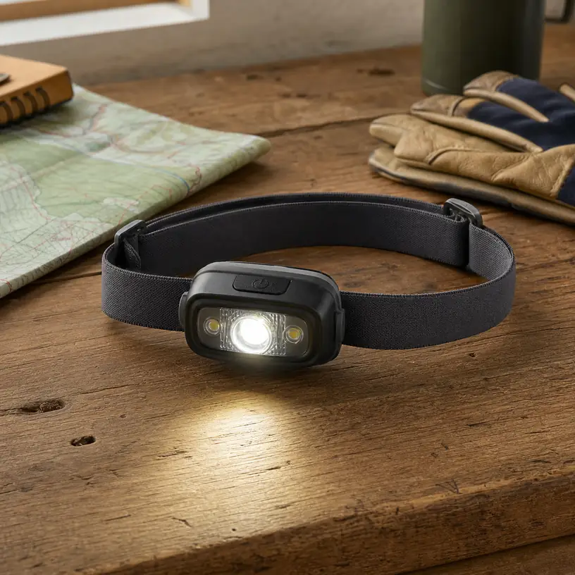 Illustrative image of a generic rechargeable headlamp on a workbench beside gloves and a folded trail map