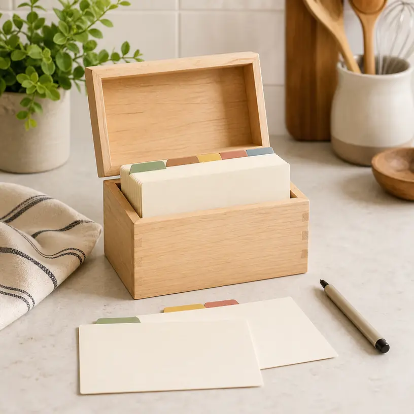 Illustrative image of a generic wooden recipe card box with blank cards and divider tabs on a kitchen counter