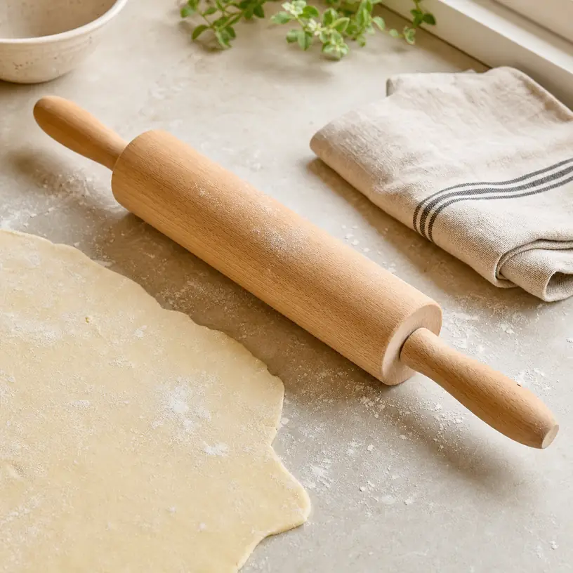 Illustrative image of a generic wooden rolling pin on a home baking counter