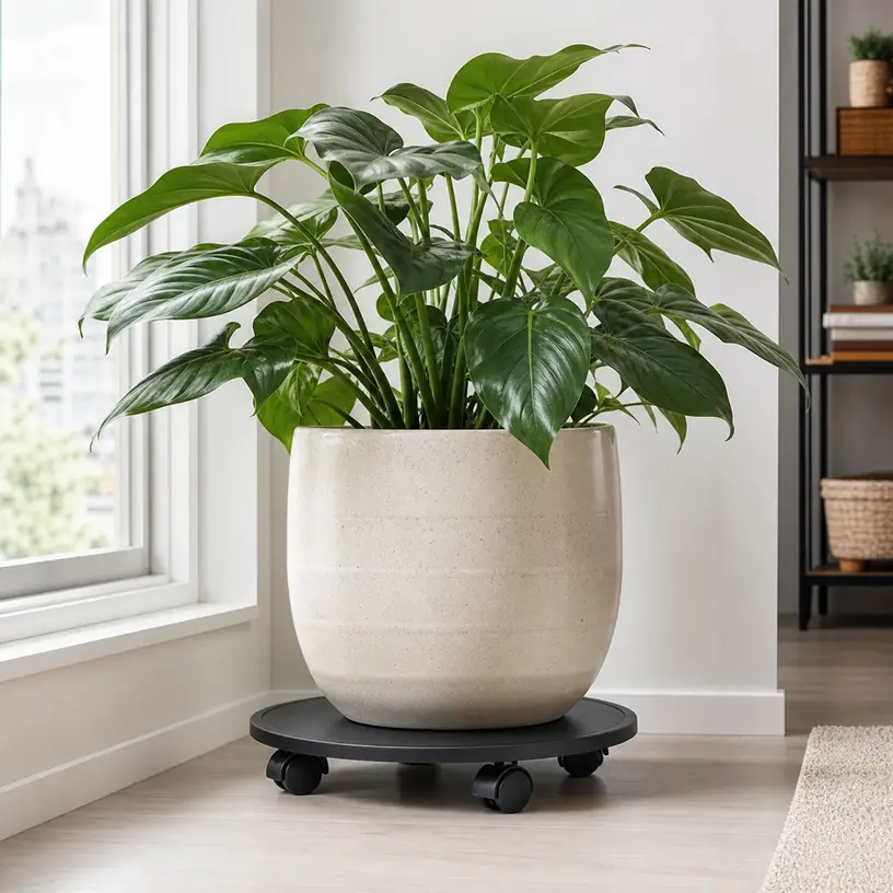 Illustrative image of a generic rolling caddy supporting a large indoor plant pot
