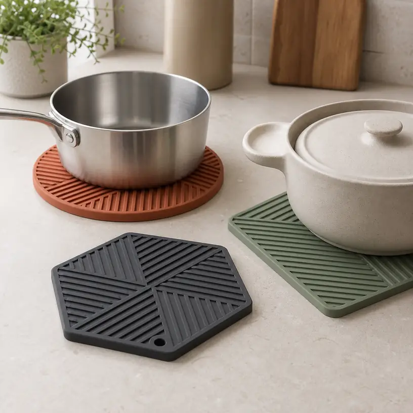 Illustrative image of generic silicone trivets beside plain cookware on a kitchen counter
