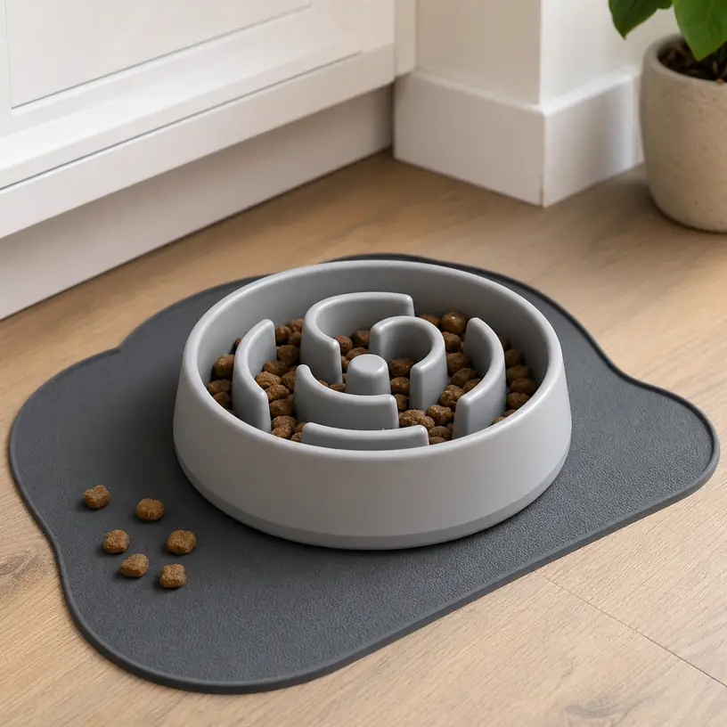 Illustrative image of a generic slow feeder dog bowl with a raised maze pattern on a feeding mat