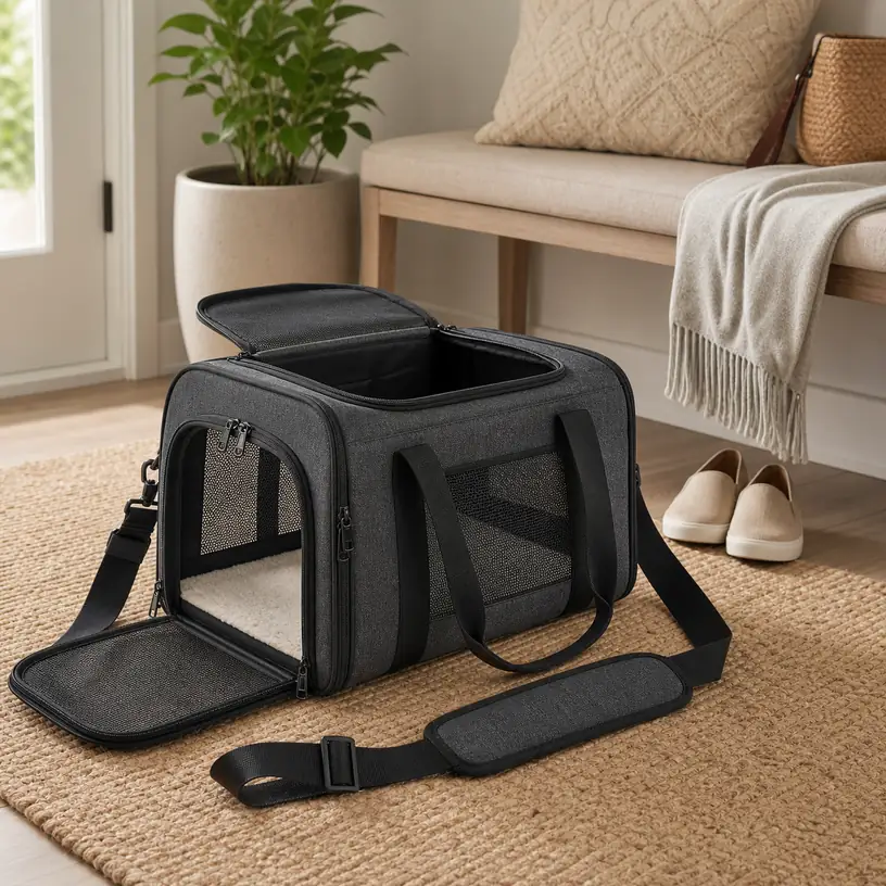 Illustrative image of a generic soft-sided cat carrier with mesh panels and an open top entry