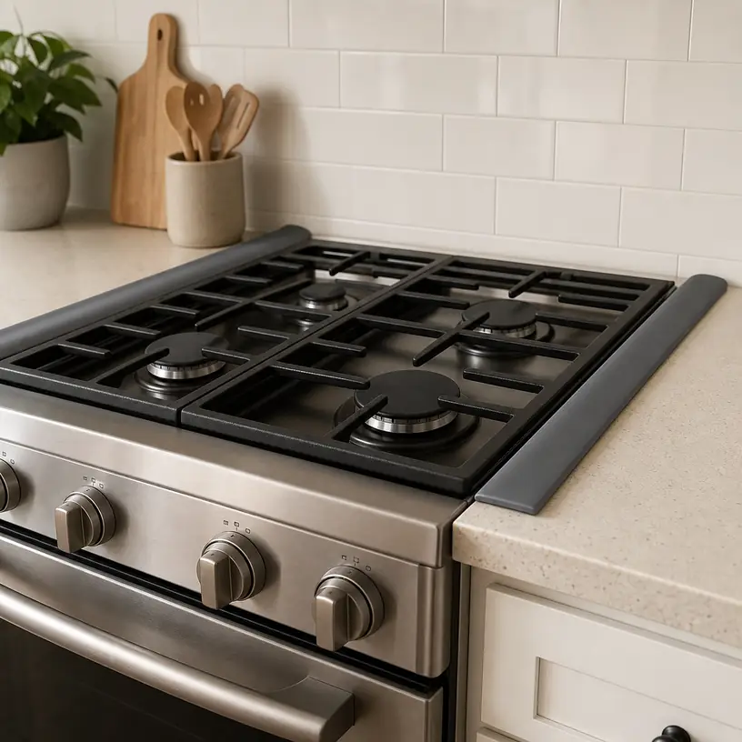 Illustrative image of generic gap covers fitted between a kitchen range and adjacent counters