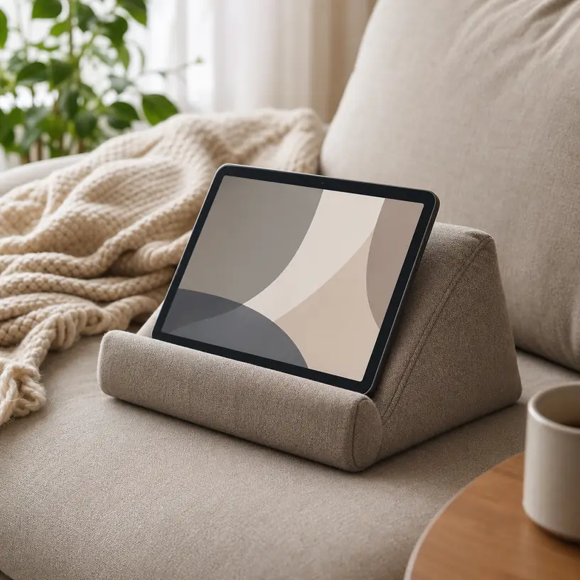 Illustrative image of a generic tablet resting in a fabric pillow stand on a sofa