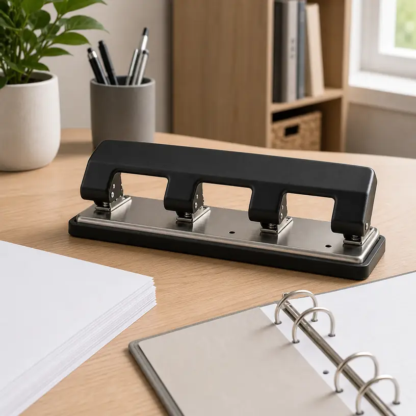 Illustrative image of a generic three-hole paper punch on a home-office desk