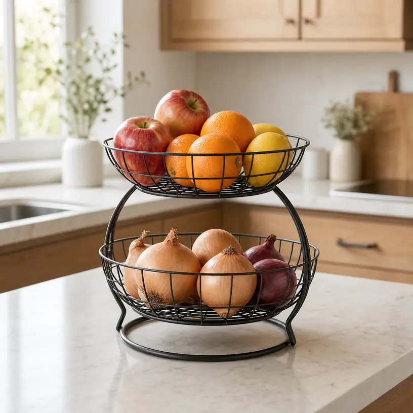 Illustrative image of a generic two-tier fruit basket on a kitchen counter
