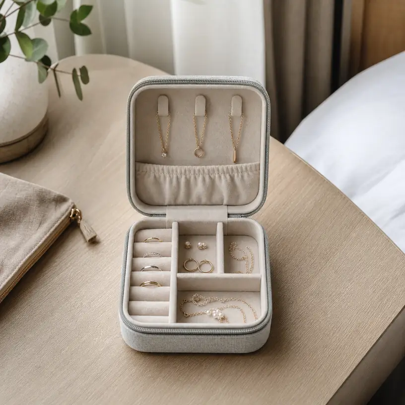 Illustrative image of an open generic travel jewelry organizer with separate compartments