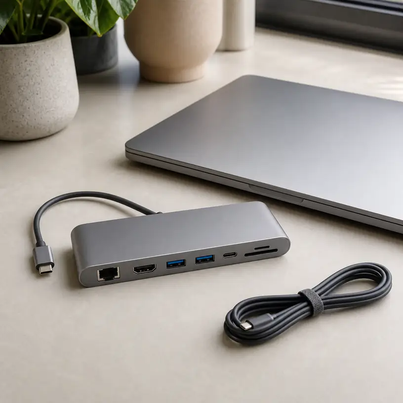 Illustrative image of a generic USB-C hub beside a laptop