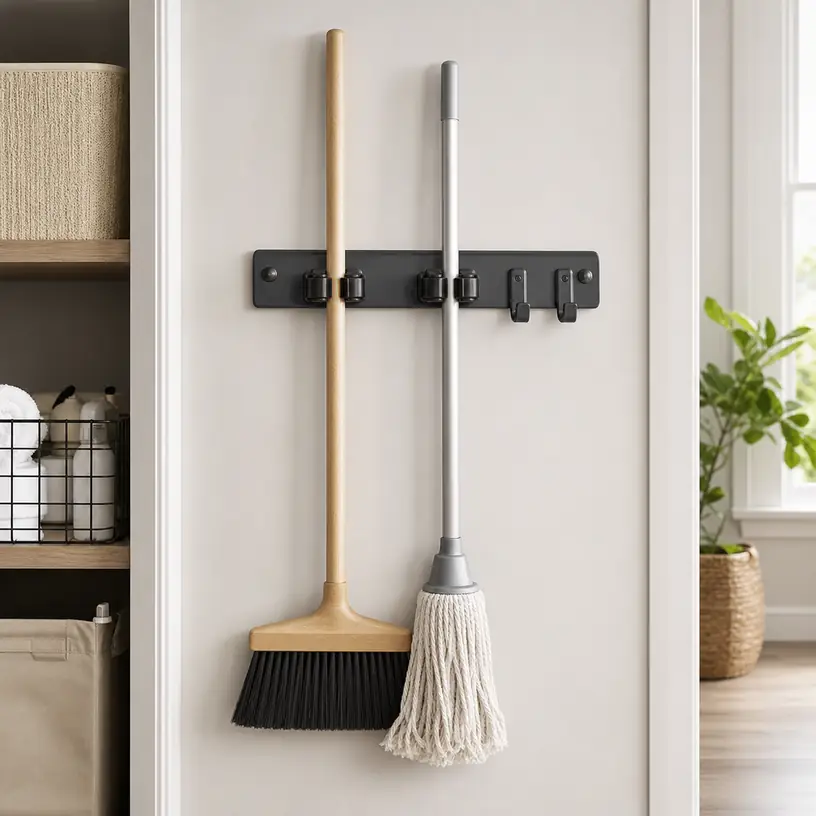 Illustrative image of a generic wall-mounted holder organizing a broom and mop in a utility area
