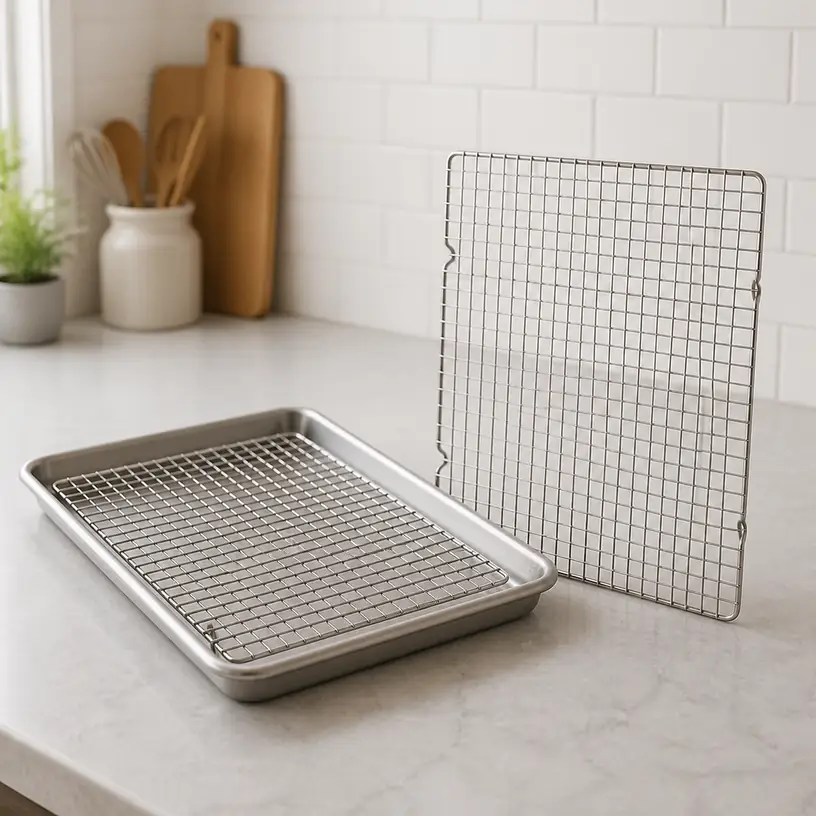 Illustrative image of generic wire cooling racks beside a rimmed baking sheet